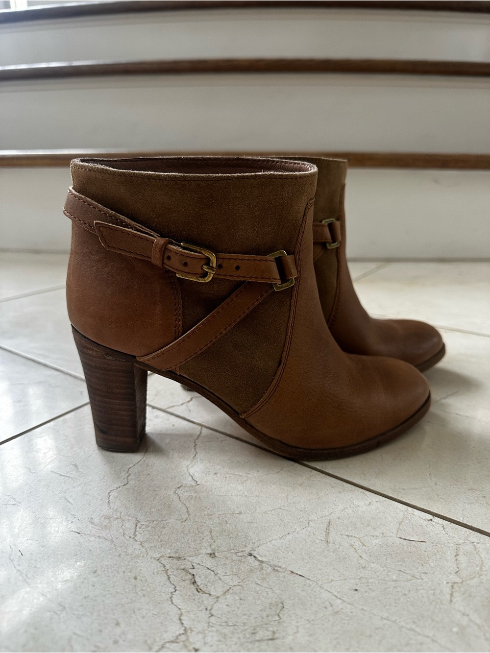 Comptoir Des Cotonniers Brown Leather & Suede Ankle Boots with Buckle Strap